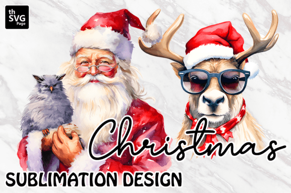 Christmas Watercolor Santa with Deer Graphics Freebies