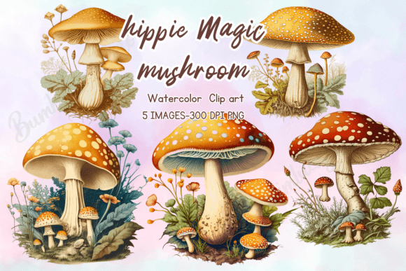 Vintage Magic Mushrooms Clipart Bundle